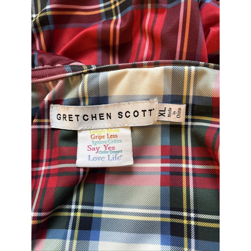 Gretchen Scott Ruffneck Top Womens XL Red Plaid 3/4 Sleeve Contrast Cuff Festive - Picture 10 of 11